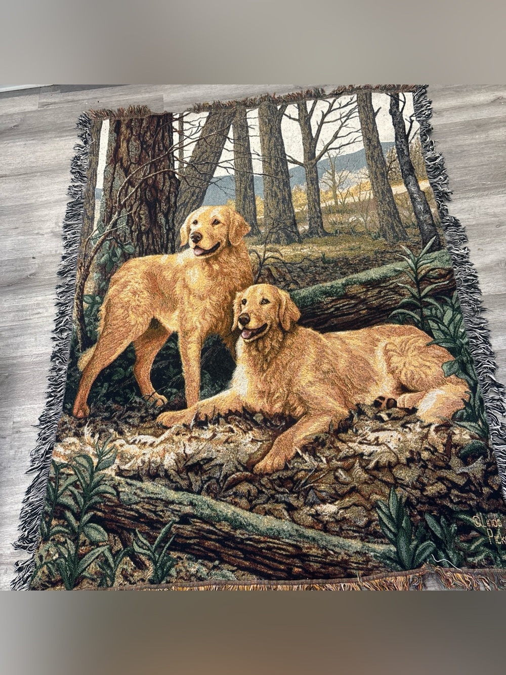 Golden Retriever Tapestry Throw Blanket Tan/Gold fringe dog lover